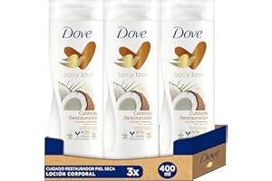 Dove Crema Hidratante Corporal Restauradora Con Aceite de Coco 100 por ciento Natural y Leche de Almendras para Piel Seca, Pack de 3 x 400 ml, Multicolor