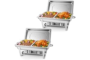 FAAZY Chafing Dish Buffet Set, 2 Pack 9L Chafers for Catering with 4 Half Size Food Pans Fuel Holders 2 Lids Foldable Frames, Stainless Steel Food Warmers for Parties Buffets Banquets Dinners