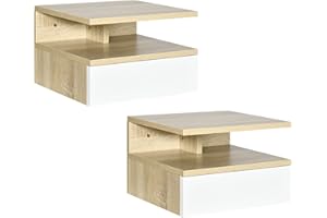 HOMCOM Set da 2 Comodini Sospesi da Camera da Letto, Comodini da Camera da Letto Moderni, con Cassetto e Mensola Superiore in Legno, 35x32x22.5cm, Rovere e Bianco