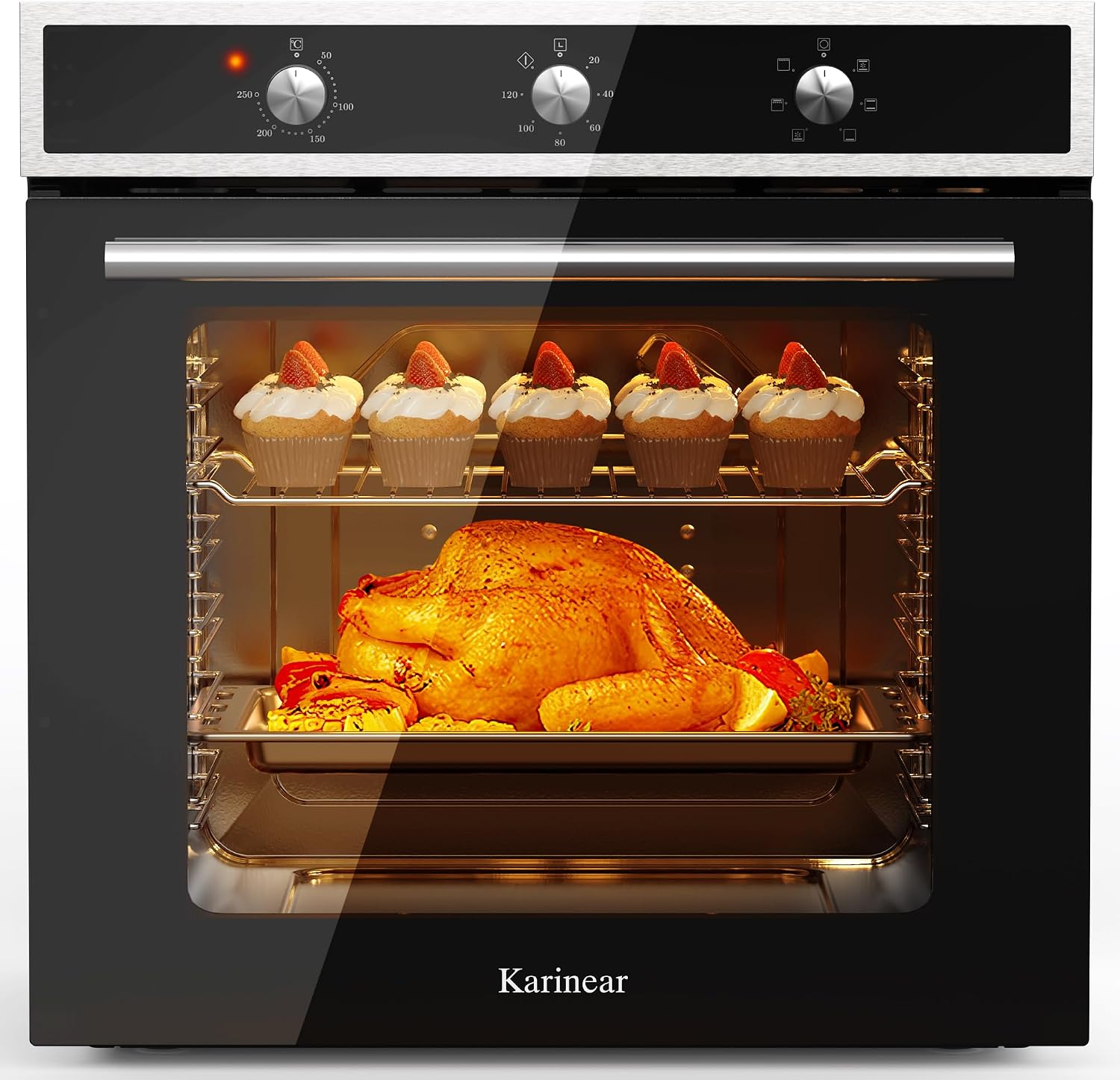 Karinear Electric Oven 60L Built in Knob Control 6 Functions 2200W Plug and Play 220V 60cm Wide Black with 120 Timer