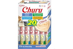 INABA Churu Snack per Gatti Cremoso in 4 Varietà al Tonno - 20 Stick x 14g - Cibo per Gatti da Leccare, Sano e Delizioso - Snack Gatto Senza Conservanti o Coloranti Artificiali, Grain-Free