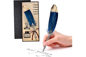 H HOMEWINS Schreibfeder Handgemachter Retro Federstift Dip Quill Pen Kalligraphie Stift Set inkl. Edelstahl Ersatzspitzen mit 5 Größen, Tintenfass, Stifthalter (Dunkelblau)