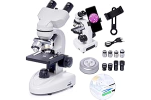 QQ CAT Microscopes binoculaires, microscopes biologiques composés 200X-5000X avec multiplicateur 6x, ensemble de lames et adaptateur de téléphone pour étudiants, adultes, débutants, cadeaux d'enseignement de