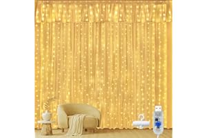 Ollny Curtain Lights Indoor Outdoor, 300LED 3mx3m Christmas Window Fairy Lights, Waterfall Hanging String Light Waterproof with USB 8 Modes for Bedroom/Wedding/Party/Xmas Decorations, Warm White