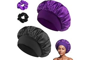 GUIGA Bonnet Satin Cheveux Nuit, Convient à tous les types de cheveux, Unisexe Contient 2 Bonnet Cheveux Nuit Pour + 2 Pinces a élastique (Noir + Violet)
