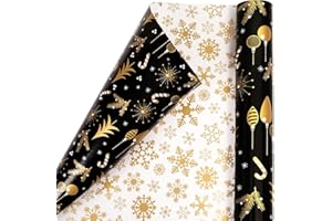 MAMUNU Rouleau de Papier Cadeau Réversible pour Noël et Nouvel An - Noir et Doré, Motif Flocon de Neige et Sapin - Vacances d'Hiver - 43 cm x 10 m