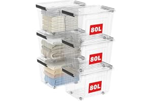 Cetomo 80L*6 Boîtes de Rangement avec Couvercles, Boîte de Rangement en Plastique avec Clips et Roulettes, Empilables, Encastrables, pour Placard de Bureau à Domicile, Transparent, 80L, Lot de 6