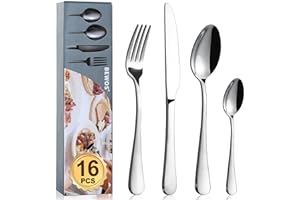 Cutlery Set, BEWOS 16 Piece Stainless Steel Flatware Set, Tableware Silverware Set with Spoon Knife and Fork Set, Service for 4, Dishwasher Safe/Easy Clean, Mirror Polished