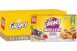 LU GRANY - 12 Boîtes de 6 Sachets Grany Moelleux Fruits des Bois - Biscuits 3 Céréales et Fruits - Source de Fibres - Biscuits Petit Déjeuner Gourmands Pratiques à Emporter - Lot de 12x192g