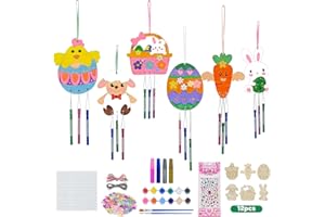 WELLCHY 12 PCS Colgante Pascua Madera, Manualidades de Madera de Pascua, Adornos de Pascua sin Terminar, Set de Campanas de Viento para Niños, Artesanía para Niños de Primavera Decoración de Pascua