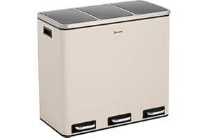 Homra Mülleimer Küche 3 Fächer Sparq 54l | Mülltrennsystem 3Fach | Edelstahl Treteimer 3x18 Liter | Trennsystem 3 Inneneimern | Abfall & Recycling | Abfalleimer Tretmülleimer Softclose | Cremeweiß