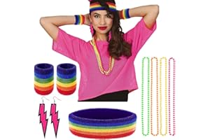 Humairc 80er Jahre Outfit Damen Kostüm Damen Mädchen Neon Netz Shirt Stirnband Armband Ohrringe Halskette 80er Jahre Accessoires Damen Party