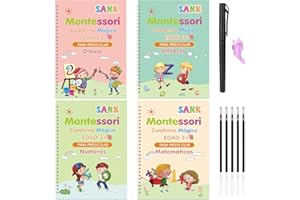 TOPJOWGA Cuaderno Magico Caligrafia Español, 4 Piezas Escritura para Niños, Cuaderno Reutilizable Borrable de Práctica, 5 Recargas y 1 Soporte