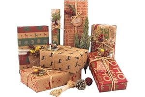 HAIPICHO Christmas Wrapping Paper, Made from Recycled Kraft Paper, 12 Folded Sheets 70x50cm with 6 Vintage Designs (Bonus 10m Jute Twine and 10 Kraft Tags)