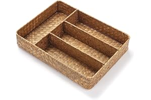 DECRAFTS Panier Rangement Jonc de Mer Rectangulaires Plateau à Ustensiles Malle en Osier avec Compartiment pour Organiser Naturel