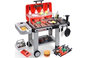 CUTE STONE Barbacoa de Juguete para niños con Comida Que Cambia de Color, Sonidos, Luces, Vapor, Juego de Cocina con Parrilla y sartén, Barbacoa de 2 Niveles con Ruedas – Regalo Ideal
