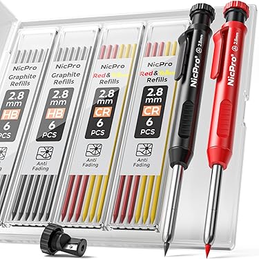 Set Matite Da Falegname Flintronic - 3 Matite + 12 Mine + Gomma - Temperamatite Integrato, Per Fori Profondi