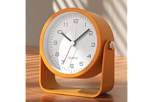 AYRELY® Petit réveil analogique rétro à piles, horloge de table en métal fin avec lumière pour décoration de salon, chambre, chevet, étagère (orange) 8,4 cm
