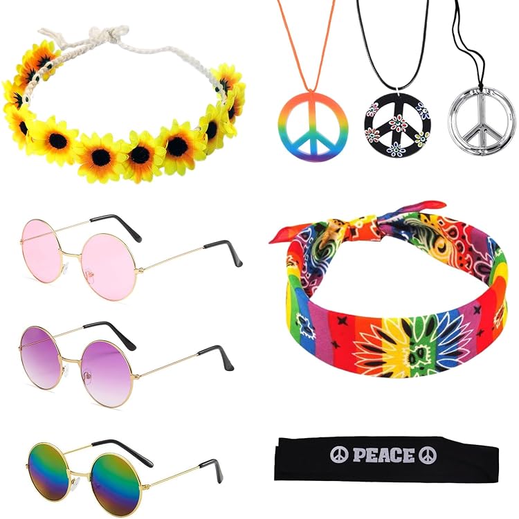 Déguisement Hippie 3 Pièces - Lunettes + Foulard + Pendentif Paix - Unisexe Taille Unique