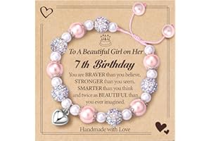 LynixTrade Birthday Gifts for 7 Year Old Girls White Pink Pearl CZ Balls Heart Charms Bracelet 7 Year Old Girls Birthday Gifts for Daughter Granddaughter BFF Sister Niece with Card