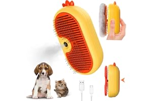 SHUNFAJI Steam Cat Brush with Release Button, 4 In 1Upgraded Multifunctional Cat Steamer Brush, Self Cleaning Pet Brush for Grooming Long Short Haired Dog Cats, Rabbit Remove Loose Fur and Undercoat (Yellow)