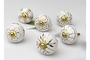 ARTISNO Lot de 6 boutons de porte en céramique faits à la main pour armoire de cuisine (blanc doré)