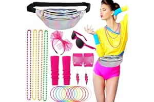 DUTACK 80er Jahre Outfit Damen Set, 80er 90er Jahre Kleidung Kostüm Accessoires, Gürteltasche Stirnband Halskette Armband Ohrring Netzhandschuhe Beinwärmer für Thema Party Neon Karneval 80er Party Frauen