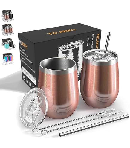 Bicchieri da Vino Isolati in Acciaio Inossidabile con Coperchio,Bicchieri da Vino in Acciaio Inossidabile da 12 Once, Tazze da Viaggio Sottovuoto a Doppia Parete con Foro Per Cannuccia Per Caffè, Vin