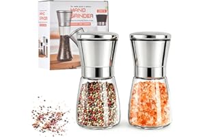 CERULETREE Salt and Pepper Grinder Set, Adjustable Coarseness Manual Mill Grinders, Premium Stainless Steel Salt and Pepper Mills with Glass Body, Refillable for Spices & Seasonings (Spices not Included)