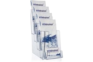 TAYMAR Expositor para folletos, soporte para folletos DIN largo (DL) A6 con 4 estantes y soporte para tarjetas de visita