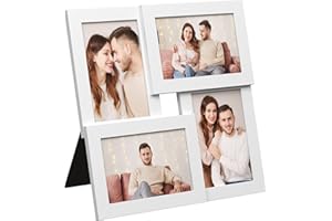 SONGMICS Bilderrahmen, Mehrfachbilderrahmen für 4 Fotos, Fotogröße 10 x 15 cm, Fotogalerie, Glasscheibe, Weiß RPF25WT