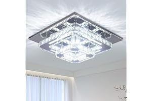 CXGLEAMING 12" Crystal Chandelier Ceiling Light Living Room Modern LED Light Fittings Ceiling Flush Mount Square Chandelier for Bedroom Bathroom Entryway Hallway Light Fixture,Cool White