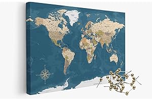 framed concept Wysokiej jakości mapa świata z płótna 90 x 60 cm - tablica korkowa - napis w języku angielskim