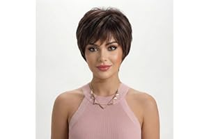 AIYLMZ Parrucche da donna con capelli corti castani misti con frangia, parrucche naturali soffici a strati con taglio a folletto, parrucche sintetiche per costume da festa quotidiano (Marrone)