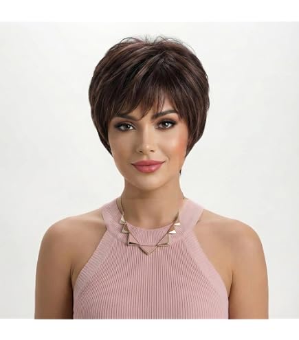 Perruque Synthétique Pixie Brun Foncé Avec Frange - Courte, Style Moderne, Unisexe