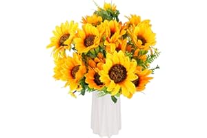 Beferr 2 Bunches Artificial Sunflowers Flowers Realistic, Fake Silk Sun Flower Bouquets for Arrangements for the House, Wedding Garden Party Outdoor Indoor Decoration, Bridal Bouquet