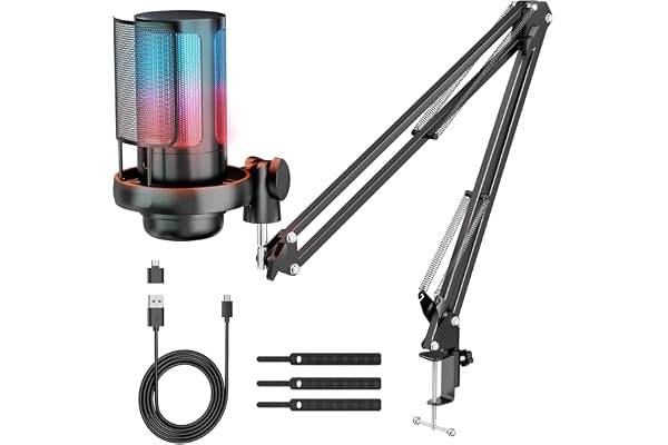 Anykuu Micro Gaming 24 Bits /192 kHz RGB Microphone à Condensateur avec 7 Lumières Variables, USB Micro avec Enregistrer Streaming Gaming Podcast Support réglable Plug and Play