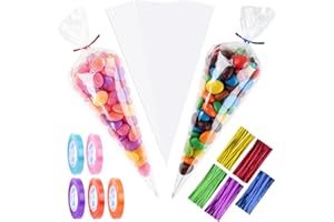 CAKKVDE 100Pcs Sweet Cone Bags with 5-Colour Twist Ties & Ribbons | 13x25cm Cellophane Sweet Bags for Candy, Cookies, Parties | Halloween, Christmas, Baby Shower, Wedding Favours