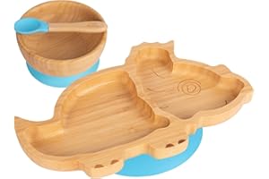 Tiny Dining Baby Dinner Set - Dinosaur - Blue - 3pc - Divided Non-Slip Bamboo Self-Feeding Weaning Plate, Bowl & Spoon for Babies, Toddlers, Children