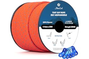 Abma Cord Tent Guy Ropes 4mm 30M Guy Line 6 Pcs Guy Rope Tensioners Heavy Duty Guide Rope for Camping, Gazebos, Awning, Tarp - Reflective Neon Orange