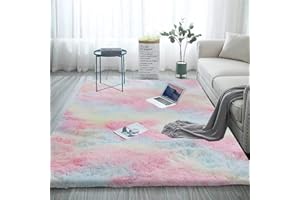 Aujelly Soft Area Rug Schlafzimmer Shaggy Teppich Zottige Teppiche Flauschige Bunte Batik-Teppiche Carpet Neu Regenbogen 90 x 150 cm