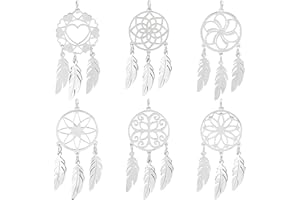 UNICRAFTALE 6 Pcs 6 Pendentif Attrape Rêves Style Bohème Pendentif en Acier Inoxydable avec Anneaux de Saut Trou 3mm Filet Web Tissé avec Pendentif Plume Breloques en Métal 44x20x1mm