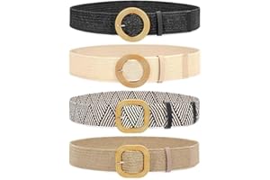 Lassuzie 4 Pièces Ceinture en Paille Tissée Femme Ceinture Fine Élastiquée Ceinture de Robe Stretch Tressée avec Boucle de Couleur Bois, Noir et Beige