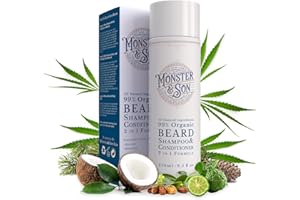 Monster&Son Organic Beard Shampoo & Conditioner 2 in 1 - Beard Wash with Conditioning For Men - Gentle Face Cleanser For Sensitive Skin - Hypoallergenic, Paraben & Sulphate Free - Long Lasting 250ml