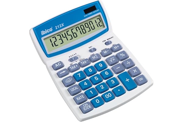 Ibico, Calculatrice de bureau 212X, compacte pour le bureau, la maison et l’école, Blanc/Bleu, 140 x 32 x 190 mm, IB410161