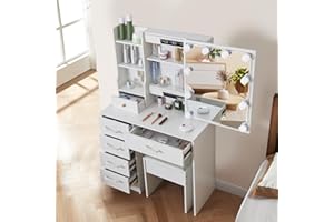 Saihemei Dressing Table, Vanity Makeup Table with Mirror and Adjustable Lights, Vanity Desk with 6 Drawers, and Storage Shelves – Cosmetic Desk for Girls