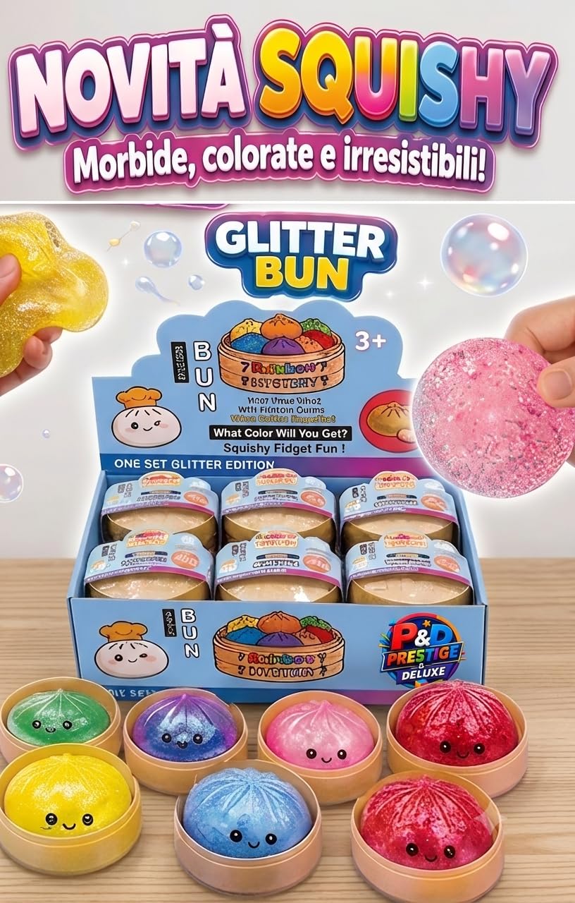 Baozi Squishy VERSIONE GRANDE Rainbow & Diamonds morbido Kawaii antistress Glitter 9 cm – Giocattolo per bambini soft touch sensoriale Raviolo Cinese - colleziona tutti i colori e scegli quanti Baozi