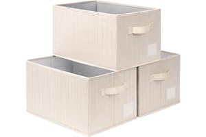 TIMEYARD Storage Baskets, Set of 3 Large Storage Boxes, Wardrobe Storage Organiser, Foldable Fabric Storage Bins for Home and Office, Cube Shelf Baskets for Shelves, 37.5 x 26 x 21 cm, Beige