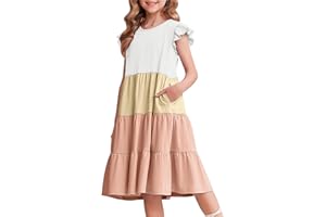 Arshiner Girls Dresses Ruffle Sleeves Summer Kids Cotton Casual Dress Round Neck Sleeveless Party Swing Festive Dress for Girls 4-14 Years