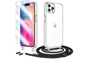 Anshow Handykette für iPhone 13 Pro Hülle mit Band + 2 Schutzfolie, Robust Necklace Extrem Stoßfest Handyhülle iPhone 13 Pro Case Transparent Schutzhülle zum Umhängeband Abnehmbar, Schwarz